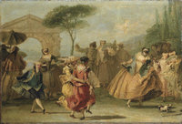 Рис. 14: Джованни Доменико Тьеполо. Танцующие менуэт. Кон. 1750-х- нач. 1760-х гг. Х., м. 33×48,5. Частная коллекция.